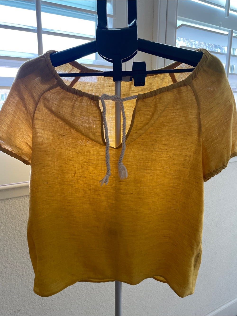 J. Crew Mustard Short-Sleeve Linen Peasant Tie-Neck Blouse